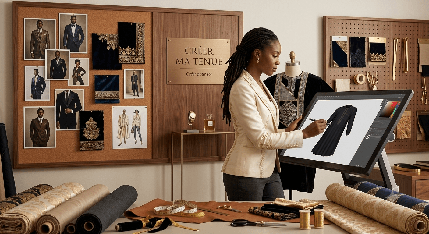 Styliste dessinant une tenue sur tablette devant un mur d'échantillons